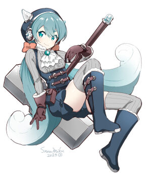 Rule 34 | 1girl, absurdres, agonasubi, aqua eyes, aqua hair, belt, blue boots, blue dress, blue hood, boots, brown gloves, character name, commentary, compass, crystal, dress, fake horns, full body, fur-trimmed gloves, fur trim, gloves, grey shirt, grey thighhighs, hammer, hatsune miku, headphones, highres, hikimayu, hood, horned hood, horns, invisible chair, jewelry, knee boots, long hair, neckerchief, ribbed shirt, ribbed thighhighs, shirt, simple background, sitting, skindentation, smile, solo, thighhighs, twintails, v, v-shaped eyebrows, very long hair, vocaloid, waist bag, war hammer, wavy hair, weapon, white background, white neckerchief, wrist compass, yuki miku, yuki miku (2025) (candidate no.2)