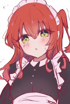 absurdres alternate_costume apron black_dress blush bocchi_the_rock! commentary_request dress enmaided frilled_apron frills from_below highres kemu1209 kita_ikuyo long_hair long_sleeves looking_at_viewer maid maid_apron maid_headdress one_side_up red_hair shirt skirt sweat translation_request waist_apron white_apron white_background white_shirt white_skirt wrist_cuffs yellow_eyes