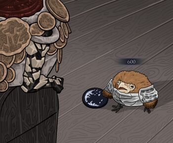 1boy 1other absurdres armor beak bird bird_boy black_eyes chibi chun_grandfa commentary elden_ring elden_ring_nightreign english_commentary floor gameplay_mechanics guardian_(elden_ring) highres living_jar_(elden_ring) open_mouth talons user_interface wings wooden_floor