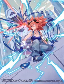 1girl alicia_zinnia_goodwill blue_eyes blue_gloves blue_pants blue_socks blue_tank_top breasts cleavage copyright_notice crop_top electricity gloves hair_ornament heterochromia highres huge_weapon large_breasts official_art on_one_knee outdoors pants pink_hair red_eyes slime_(creature) socks solo tank_top two_side_up weapon yuko_(uc_yuk) z/x