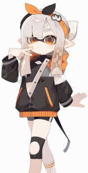 Rule 34 | 1girl, asymmetrical bangs, bike shorts, black jacket, eyebrow cut, grey hair, hairband, highres, inkling, inkling girl, inkling player character, jacket, long hair, mole, mole under eye, nintendo, orange eyes, parted bangs, pointy ears, puckered lips, sabata saba, solo, splatoon (series), splatoon 3, standing, tentacle hair, thick eyebrows, v, white background