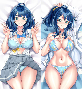 1girl ahoge beach_towel bikini blue_bikini blue_bow blue_bowtie blue_bra blue_eyes blue_hair blue_panties bow bowtie bra breasts closed_mouth clothes_lift commentary_request cowboy_shot cuddly_octopus dakimakura_(medium) double_v grey_skirt grin hand_on_own_chest highres jacket large_breasts looking_at_viewer lying make_heroine_ga_oo_sugiru! medium_hair multiple_views navel on_back open_clothes open_jacket open_shirt panties pleated_skirt school_uniform shirt side-tie_bikini_bottom skirt skirt_lift smile suzu_miya swimsuit towel tsuwabuki_high_school_uniform underwear v white_jacket white_shirt yanami_anna yellow_bow yellow_bowtie