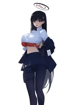 1girl absurdres arms_behind_back black_hair black_jacket black_pantyhose black_skirt blue_archive bra clothes_lift dokshuri feet_out_of_frame hair_ornament hairclip halo highres holster id_card jacket long_hair looking_at_viewer mechanical_halo midriff navel open_mouth pantyhose pleated_skirt red_bra red_eyes removing_bra rio_(blue_archive) simple_background skirt solo standing straight_hair suit_jacket sweater sweater_lift thigh_holster turtleneck turtleneck_sweater underwear very_long_hair white_background white_sweater