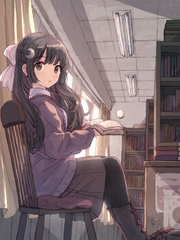 1girl :o black_boots black_hair black_pantyhose book bookshelf boots bow brown_skirt ceiling chair commentary_request commission curtains day from_side hair_bow highres holding holding_book indoors jacket lace-up_boots long_hair looking_at_viewer looking_to_the_side on_chair open_book original pantyhose parted_lips pleated_skirt purple_jacket shirt sitting skeb_commission skirt solo sunlight tile_ceiling tiles white_bow white_shirt window yakka
