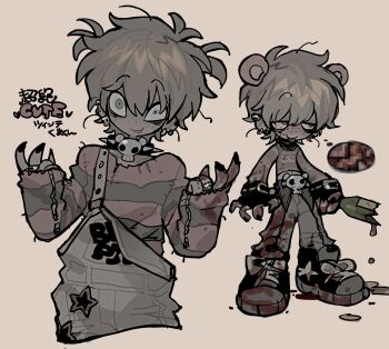 Rule 34 | 1girl, :p, alcohol, animal ears, bags under eyes, bear ears, black collar, black eyes, black footwear, black nails, blonde hair, bottle, bracelet, broken bottle, censored, collar, collarbone, ear piercing, earrings, evil smile, fake animal ears, fake censor, freckles, glass bottle, grey overalls, highres, holding, holding bottle, jewelry, messy hair, multiple views, original, overalls, piercing, red shirt, red wine, sepia background, shirt, short hair, simple background, skull belt, skull collar, skull earrings, smile, spiked collar, spikes, striped clothes, striped shirt, tongue, tongue out, tonkatsu184, wide sleeves, wine