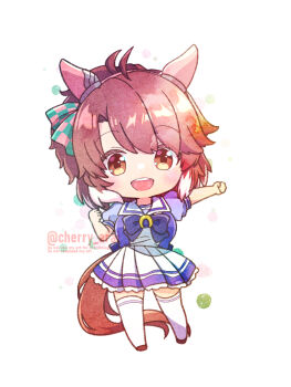 1girl ahoge animal_ears arai_cherry bow bowtie brown_eyes brown_hair brown_shoes chibi dantsu_flame_(umamusume) ear_covers full_body highres horse_ears horse_girl horse_tail multicolored_hair pleated_skirt puffy_short_sleeves puffy_sleeves purple_bow purple_bowtie purple_shirt sailor_collar sailor_shirt school_uniform shirt shoes short_sleeves skirt solo summer_uniform tail teeth thighhighs tracen_school_uniform two-tone_hair umamusume upper_teeth_only waist_bow white_hair white_sailor_collar white_skirt white_thighhighs