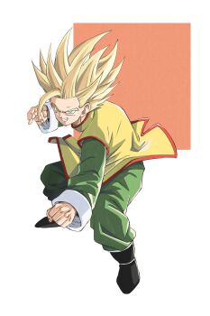 1boy absurdres beatlo_(rodrigo38658978) blonde_hair chinese_clothes commentary dragon_ball dragonball_z english_commentary fighting_stance full_body green_pants highres jacket official_alternate_costume pants short_hair smirk solo son_gohan spiked_hair super_saiyan super_saiyan_2 yellow_jacket