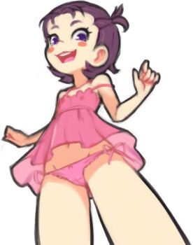 1girl :3 babydoll blush bow bow_panties collarbone crotch_seam digimon digimon_tamers drantyno dress female_focus flat_chest from_below highres lee_shaochung lingerie loli looking_at_viewer looking_down navel nipples open_mouth panties pantyshot pink_babydoll pink_bow pink_dress pink_panties purple_eyes purple_hair see-through_clothes see-through_dress short_hair side-tie_panties sleeveless sleeveless_dress smile solo standing teeth twintails underwear white_background