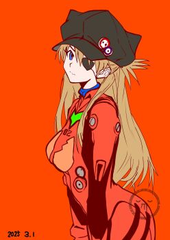 Rule 34 | 1977 oj3, breasts, commentary request, eyepatch, highres, long hair, mecha pilot suit, medium breasts, neon genesis evangelion, plugsuit (evangelion), red background, simple background, souryuu asuka langley, watermark