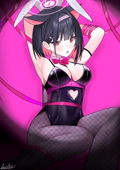1girl :o absurdres alternate_costume animal_ears armpits arms_behind_head aurelia88 black_hair black_leotard black_pantyhose blue_archive blunt_bangs blunt_ends blush bob_cut bow bowtie breasts cat_ears cat_girl cleavage clothing_cutout colored_inner_animal_ears colored_inner_hair commentary covered_navel detached_collar english_commentary extra_ears eyes_visible_through_hair fake_animal_ears feet_out_of_frame fishnet_pantyhose fishnets furrowed_brow hair_behind_ear hair_intakes hair_ornament hairband hairclip halo heart_cutout highleg highleg_leotard highres kazusa_(blue_archive) large_breasts leotard long_ribbon looking_at_viewer multicolored_hair open_mouth pantyhose pink_background pink_bow pink_bowtie pink_hair pink_hairband pink_halo pink_ribbon playboy_bunny pole rabbit_ears rabbit_hole_(vocaloid) red_eyes ribbon signature simple_background sitting solo stripper_pole tsurime two-tone_hair vignetting