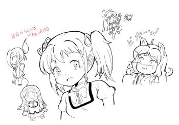 5girls ainu_clothes animal_ears arm_up breasts cat_ears cat_girl crossover fingerless_gloves gloves hair_ribbon highres japanese_clothes japanese_text kaname_madoka large_breasts legs long_hair looking_at_viewer mahou_shoujo_madoka_magica medium_breasts miko monochrome multiple_girls nakoruru o_o open_mouth pants ribbon samurai_spirits skirt smile snk the_king_of_fighters thighs tongue translation_request twintails