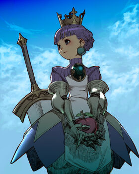 1girl apple armor armored_dress atlus bloomers blue_background crown day dress earrings female_focus food fruit gauntlets gold_crown gradriel gradriel_de_valendia jewelry princess_crown sakamoto_mineji skirt sky solo sword underwear weapon white_bloomers