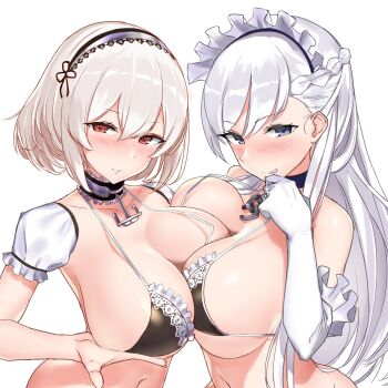2girls anchor_choker azur_lane bare_shoulders belfast_(azur_lane) bikini black_bikini blue_eyes blush breast_press breasts chain choker closed_mouth collar collarbone commentary_request detached_sleeves elbow_gloves gloves hairband jewelry lace lace-trimmed_bikini lace-trimmed_choker lace-trimmed_hairband lace_trim large_breasts looking_at_viewer maid maid_bikini maid_headdress multiple_girls nanae ornate_ring puffy_sleeves red_eyes ring short_sleeves simple_background sirius_(azur_lane) smile swimsuit symmetrical_docking tongue tongue_out unconventional_maid wedding_ring white_background white_gloves white_hair