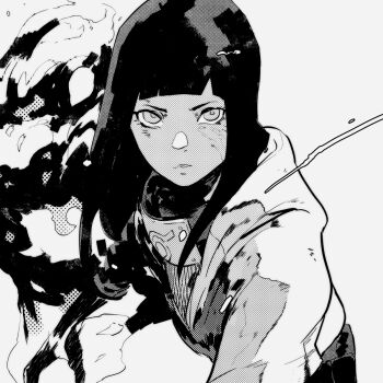 1girl black_hair blunt_bangs dirty dirty_face felipe_magana fishnet_top fishnets furrowed_brow greyscale headband_around_neck highres hime_cut hyuuga_hinata jacket long_hair looking_at_viewer monochrome naruto_(series) naruto_shippuuden parted_lips screentones sidelocks solo upper_body white_jacket