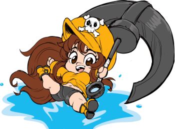 anchor bike_shorts breasts brown_eyes brown_hair chibi cleft_of_venus guilty_gear hat highres huge_weapon japanese_(nationality) large_breasts legs_apart long_hair may_(guilty_gear) navel skull_and_crossbones teevo transparent_background water weapon