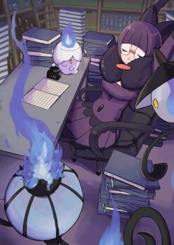 1girl absurdres arms_up blunt_bangs bob_cut breasts candle chandelier chandelure closed_eyes elbow_gloves fire gen_5_pokemon ghost glasses gloves highres lamp lampent litwick nintendo pantyhose pokemon pokemon_(creature) pokemon_bw purple_fire purple_hair purple_skirt rimless_eyewear round_eyewear sadamaraas shauntal_(pokemon) short_hair skirt smile stretching