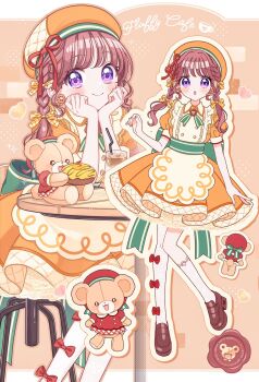 1girl :o apron asymmetrical_legwear blush bow bow_legwear braid brown_hair brown_shoes closed_mouth commentary_request cup donut dress drinking_glass drinking_straw food full_body green_ribbon hair_bow hand_up head_rest highres hot_chocolate kneehighs kuzumochi_(hgnon82) long_hair looking_at_viewer multiple_views neck_ribbon open_mouth orange_background orange_dress original outline pantyhose purple_eyes red_bow ribbon round_table shoes short_sleeves single_kneehigh single_leg_pantyhose single_sock sitting smile socks standing stuffed_animal stuffed_toy table teddy_bear twin_braids uneven_legwear white_apron white_pantyhose white_socks yellow_bow yellow_outline