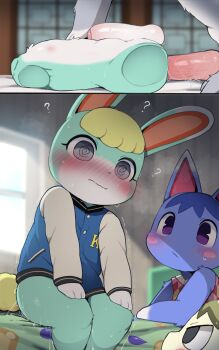 1girl 3boys :/ ? @_@ anal animal_crossing animal_ears animal_penis artificial_vagina anal_fluid bed blonde_hair blue_hair blush blush_stickers bottomless cat_ears dagasi erection eyelashes fang_(animal_crossing) foreskin from_side furry grey_eyes highres huge_penis imminent_penetration indoors interspecies jacket knotted_penis large_penis looking_at_another looking_up lube marshal_(animal_crossing) multiple_boys nintendo nipples penis phimosis portal_sex purple_eyes rabbit_ears rabbit_tail rosie_(animal_crossing) sasha_(animal_crossing) sex_toy sweat testicles thick_thighs thighs trap trembling uncensored window yaoi