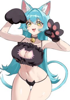 1girl absurdres animal_ears animal_hands animal_print bell black_bra black_choker black_gloves black_panties blue_hair bra breasts cat_cutout cat_ears cat_girl cat_lingerie cat_print cat_print_panties cat_tail choker clothing_cutout collarbone commentary gloves gluteal_fold highres jingle_bell large_breasts long_hair looking_at_viewer neck_bell open_mouth original panties paw_gloves ppangchil print_panties simple_background solo symbol-only_commentary tail underwear white_background yellow_eyes