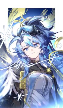 1girl arknights astgenne_the_lightchaser_(arknights) blue_eyes blue_hair closed_mouth commentary diamond-shaped_pupils diamond_(shape) goggles goggles_on_head head_tilt highres light_smile long_hair luan_teng official_alternate_costume pink_pupils solo symbol-only_commentary symbol-shaped_pupils teeth upper_body upper_teeth_only