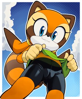 1girl absurdres animal_ears bike_shorts black_shorts blue_eyes blue_sky cloud from_below furry furry_female gato_del_futuro green_shirt highres looking_at_viewer marine_the_raccoon orange_fur raccoon_ears raccoon_girl raccoon_tail shirt shorts sky smile solo sonic_(series) tail undershirt