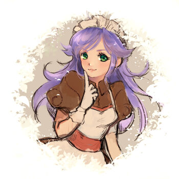 Rule 34 | 1girl, apron, brown dress, closed mouth, commentary request, dress, gloves, gobaku no hito, green eyes, index finger raised, kafra uniform, lips, long hair, looking at viewer, maid, maid headdress, pavianne (ragnarok online), puffy short sleeves, puffy sleeves, purple hair, ragnarok masters, ragnarok online, red sash, sash, short sleeves, smile, solo, upper body, white apron, white gloves