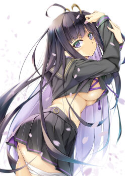 Rule 34 | 1girl, ahoge, bandage on thigh, black hair, black sailor collar, black serafuku, black skirt, breasts, chitose (stella sora), colored inner hair, commentary request, from side, highres, kai yuuki, large breasts, long hair, looking at viewer, mole, mole under eye, multicolored hair, one side up, petals, pleated skirt, purple eyes, purple hair, sailor collar, school uniform, serafuku, skirt, solo, stella sora, underboob