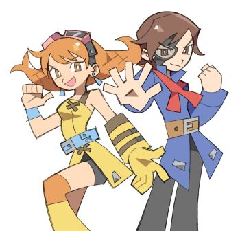 1boy 1girl aika_(eternal_arcadia) bare_shoulders belt black_pants black_shorts blue_belt blue_jacket blue_wrist_cuffs braid breasts brown_belt brown_eyes brown_hair clenched_hand closed_mouth cowboy_shot dress earrings eternal_arcadia eyepatch feet_out_of_frame furrowed_brow gloves goggles goggles_on_head jacket jewelry long_hair long_sleeves medium_breasts medium_hair neckerchief open_mouth orange_hair outstretched_hand pants red_neckerchief shorts single_glove sleeveless sleeveless_dress smile smirk starrymarii twin_braids vyse white_background wrist_cuffs yellow_dress yellow_gloves