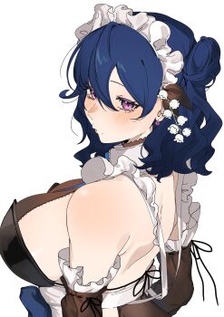 1girl absurdres artist_request back black_dress blue_hair breasts commentary_request detached_sleeves dress flower hair_between_eyes hair_bun highres huge_breasts indie_virtual_youtuber lily_of_the_valley maid maid_headdress mole mole_under_mouth pink_eyes short_hair sideboob single_hair_bun solo tokiai_misao white_background white_flower white_headdress