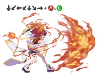 1girl animal_ears bare_shoulders breasts command_input crop_top detached_sleeves duel_monster fiery_ears fiery_tail fire full_body ha-re_the_sword_mikanko holding holding_sword holding_weapon long_sleeves midriff mouse_ears mouse_tail red_eyes red_hair shun_no_shun solo sword tail twintails weapon yu-gi-oh!