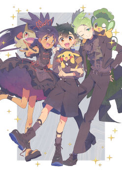 1girl 2boys alternate_costume ankle_socks anklet apron ash_ketchum asymmetrical_hair axew belt belt_buckle black_belt black_boots black_dress black_hair black_jacket black_pants black_sandals black_shirt black_shoes black_shorts black_socks black_suit blazer blue_bow blue_bowtie boots border bow bowtie buckle buttons center_frills cilan_(pokemon) closed_mouth coattails collared_jacket collared_shirt commentary_request creature creature_on_shoulder dark-skinned_female dark_skin dot_nose dress dress_pants dress_shoes formal_clothes frilled_dress frills full_body gen_1_pokemon gen_5_pokemon green_eyes green_hair green_jacket grey_apron grey_background grey_bow grey_bowtie grey_shirt hair_between_eyes hair_ribbon hand_on_own_hip happy head_tilt high_ponytail highres iris_(pokemon) jacket jewelry knees lace-up_boots lapels layered_sleeves leg_belt leg_up light_blush long_hair multiple_belts multiple_boys nintendo notched_lapels on_shoulder one_eye_closed open_clothes open_jacket open_mouth orange_eyes outside_border outstretched_arm palms pansage pants petticoat pikachu pokemon pokemon_(anime) pokemon_(creature) pokemon_bw_(anime) ponytail red_ribbon redrawn ribbon sandals serizawa_serizane shirt shoes short_dress short_hair shorts signature sleeveless sleeveless_dress smile socks spiked_hair suit tailcoat tareme twitter_username two-sided_fabric two-sided_jacket v very_long_hair waist_apron waist_ribbon white_border