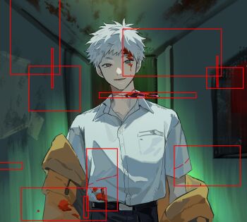 1boy belt black_belt black_pants blood blood_on_face buttons clothes_down coat collared_shirt duffel_coat hashtag-only_commentary highres hikaru_ga_shinda_natsu implied_decapitation indou_hikaru male_focus meiko623 pants pocket red_pupils shirt shirt_tucked_in short_hair solo standing straight-on upper_body white_hair white_shirt