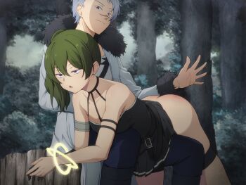 1boy 1girl absurdres belt black_dress black_gloves blue_hair blue_pants breasts clothes_lift coat commission commissioner_upload dress ear_piercing fur_trim gloves green_eyes green_hair hand_up highres medium_breasts medium_hair ocza open_mouth pants piercing purple_eyes restrained sitting on_tree_stump smug sousou_no_frieren spanked spanking tree tree_stump ubel_(sousou_no_frieren) wirbel_(sousou_no_frieren)