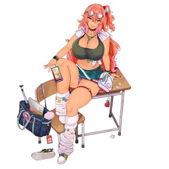 1girl 41_(taskmaster41) amesuku_gyaru badge bag bead_bracelet beads between_breasts blue_bag bow bra bracelet breasts bullet_necklace button_badge candy cellphone chair character_name cleavage collar collarbone collared_shirt condom condom_wrapper covered_erect_nipples desk explosive eyewear_on_head food full_body glasses green_bra green_necktie green_shoes green_skirt grenade gyaru hair_between_eyes hair_bow hair_ornament handheld_electric_fan heart_ring_strap highres holding holding_phone id_card jewelry kogal large_breasts last_origin leg_warmers lollipop long_hair looking_at_viewer microskirt multiple_bracelets multiple_rings nail_polish navel necktie necktie_between_breasts non-web_source notebook official_alternate_costume official_art open_clothes open_shirt orange_eyes orange_hair panties pen phone pink_bow pink_nails pleated_skirt plump ponytail purple_panties red_collar ribbed_leg_warmers ring round_eyewear school_bag school_chair school_desk school_uniform shirt shoes short_ponytail shoulder_bag side_ponytail simple_background single_shoe sitting skirt skull_hair_ornament sleeveless sleeveless_shirt smartphone smile smiley_face sneakers solo spriggan_(last_origin) striped_necktie tan thick_thighs thigh_strap thighs tied_shirt tongue tongue_out transparent_background underwear unworn_shoes watch white_bag white_leg_warmers white_shirt