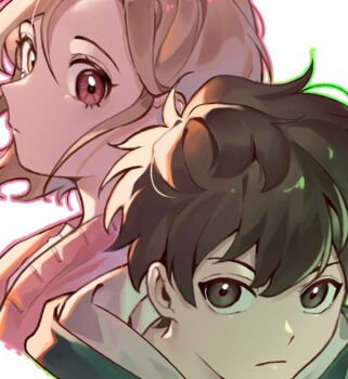 1boy 1girl back-to-back blonde_hair brown_eyes brown_hair green_light hood hood_down hoodie lee_gilyoung looking_at_viewer looking_to_the_side omniscient_reader's_viewpoint papercider pink_light serious shin_yoosung short_hair sweater