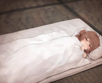 1girl ahoge bed_sheet blush brown_eyes brown_hair futon gakuen_idolmaster half-closed_eyes hanami_ume heart highres idolmaster indoors nakata_gorori pillow seductive_smile sheet_grab smile solo under_covers