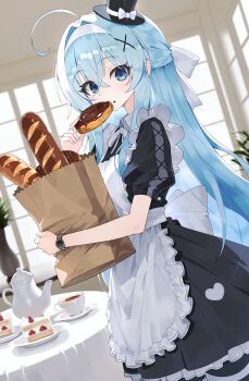 1girl absurdres ahoge apron bag baguette black_dress blue_eyes blue_hair bow bread cake cake_slice commentary_request cup donut dress dutch_angle eating food frilled_apron frilled_dress frills hair_between_eyes hair_ornament hairband hat highres holding holding_bag indoors long_hair looking_at_viewer maid maid_apron mellow_kaede mini_hat mini_top_hat original pantyhose paper_bag puffy_short_sleeves puffy_sleeves ribbon saucer shopping_bag short_sleeves solo table teacup teapot top_hat very_long_hair watch white_apron white_bow white_ribbon window wristwatch x_hair_ornament