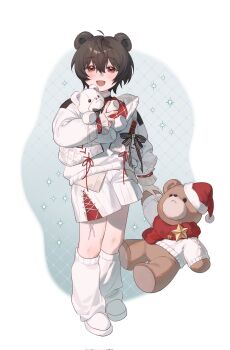 1boy aged_down alternate_costume animal_ears bear_boy bear_ears black_bow black_hair bow child chinese_commentary clothing_cutout commentary_request corrupted_twitter_file ele_fudiann ensemble_stars! full_body hair_between_eyes highres holding holding_stuffed_toy knit_sweater leg_warmers light_blush looking_at_viewer male_focus open_mouth red_bow red_ribbon ribbon sakuma_ritsu shoes short_hair shorts simple_background solo sparkle standing strap stuffed_animal stuffed_toy sweater teddy_bear white_background white_bear_(ensemble_stars!) white_leg_warmers white_ribbon white_shoes white_shorts white_sweater
