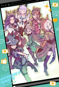 6+girls animal_ears black_boots black_jacket boots bow brown_hair closed_eyes collared_shirt combat_knife cosplay costume_switch dream_journey_(reminder_of_dreamland)_(umamusume) dream_journey_(umamusume) dress ear_bow ear_covers ears_through_headwear fenomeno_(black_flames_of_the_righteous_spirit)_(umamusume) fenomeno_(umamusume) fukunedayo full_body glasses gloves goggles goggles_around_neck gold_ship_(red_strife)_(umamusume) gold_ship_(umamusume) green_jacket hair_between_eyes hat horse_ears horse_girl horse_tail jacket knife long_hair looking_at_viewer multicolored_hair multiple_girls nakayama_festa_(shichuukyuukatsu)_(umamusume) nakayama_festa_(umamusume) navel official_alternate_costume one_eye_closed orange_hair orfevre_(control)_(umamusume) orfevre_(umamusume) pointing pointing_at_self pose_imitation puffy_sleeves purple_hair red_dress shirt short_sleeves single_ear_cover stay_gold_(umamusume) stay_gold_clan_(umamusume) tail twitter_username two-tone_hair umamusume v-shaped_eyebrows very_long_hair watermark weapon white_gloves white_hair white_shirt