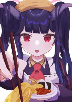 1girl apron bad_id bad_twitter_id black_hair blue_archive blunt_bangs chopsticks commentary_request food fuuka_(blue_archive) hair_between_eyes hair_on_horn highres horns hot_dog incoming_food long_hair looking_at_viewer mugenmarine omelet onigiri plate red_hair sausage school_uniform simple_background solo tamagoyaki twintails white_background