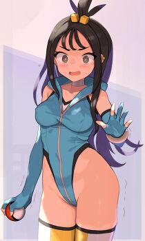 1girl black_hair blue_gloves blue_leotard blush breasts choker commentary_request cube_hair_ornament earclip elbow_gloves embarrassed gloves grey_eyes hair_ornament holding holding_poke_ball hood hood_down hooded_leotard leotard lida_(pokemon) long_hair looking_at_viewer medium_breasts multicolored_thighhighs nintendo open_clothes open_mouth partially_fingerless_gloves poke_ball poke_ball_(basic) pokemon pokemon_legends:_z-a solo spring2013 sweat thighhighs topknot two-tone_thighhighs white_choker white_thighhighs wispy_bangs yellow_thighhighs