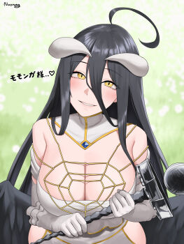 1girl ahoge albedo_(overlord) bare_shoulders black_feathers black_hair black_wings breasts cleavage clothing_cutout commentary_request demon_girl demon_horns dress feathered_wings feathers gloves hair_between_eyes highres hip_vent horns large_breasts long_hair looking_at_viewer low_horns low_wings noorung overlord_(maruyama) slit_pupils smile solo spider_web_necklace white_dress white_gloves white_horns wings yellow_eyes