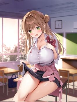 1girl analog_clock black_skirt blush bow bowtie breasts brown_hair buttons cardigan cardigan_around_waist chair chalkboard character_request classroom cleavage clock clothes_around_waist clothes_lift collarbone copyright_request corrupted_twitter_file desk diagonal-striped_bow green_eyes hair_bun highres large_breasts lifting_own_clothes long_hair open_mouth oryo_(oryo04) partially_unbuttoned pink_cardigan plaid_clothes plaid_skirt red_bow red_bowtie school_chair school_desk school_uniform second-party_source shirt skirt skirt_lift smile solo striped_bow thighs white_shirt window