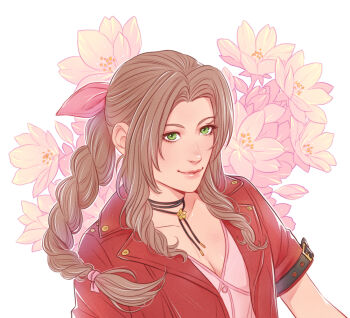 Rule 34 | 1girl, aerith gainsborough, braid, braided ponytail, breasts, brown hair, choker, cleavage, closed mouth, commentary, crylin6, dress, final fantasy, final fantasy vii, final fantasy vii remake, floral background, green eyes, hair ribbon, jacket, lips, long hair, open clothes, open jacket, parted bangs, pink dress, pink ribbon, ponytail, red jacket, ribbon, short sleeves, small breasts, smile, solo, untranslatable commentary, upper body