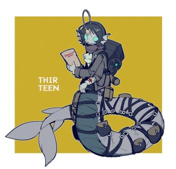 Rule 34 | 1boy, anglerfish boy, ascot, bandaged arm, bandages, black hair, blood, bloody bandages, blue eyes, blue skin, colored skin, english text, extra arms, extra eyes, fangs, fins, folder, full body, grey jacket, hashtag-only commentary, head fins, highres, holding, holding folder, illicium, jacket, kuame 03, looking at viewer, male focus, merman, monster boy, pressure (roblox), sebastian solace, short hair, simple background, skin fangs, solo, yellow background