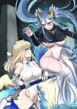 Rule 34 | 2girls, angel wings, armor, artist request, black shirt, blonde hair, blue eyes, blush, breasts, bridal gauntlets, brown dust (series), brown dust 2, chainmail, closed mouth, cropped shirt, dress, from side, glaring, grey hair, groin, hair between eyes, hair ribbon, highres, holding, holding sword, holding weapon, juliet sleeves, justia (brown dust), justia (reclaimed destiny) (brown dust), large breasts, leotard, long hair, long sleeves, looking at another, low wings, morpeah (brown dust), multiple girls, open mouth, puffy sleeves, red eyes, ribbon, shirt, smile, sword, twintails, weapon, white dress, white leotard, white ribbon, wings