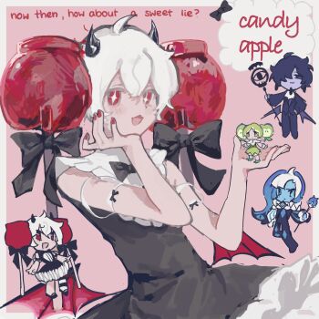 1girl 2boys apple_faerie_cookie black_sapphire_cookie blue_dress blue_skin candy_apple candy_apple_cookie candy_apple_hair_ornament colored_skin cookie_run cookie_run:_kingdom disguise dress english_text food heterochromia highres humanization long_hair looking_at_viewer multiple_boys open_mouth piemy shadow_milk_cookie shirt slit_pupils smile white_hair