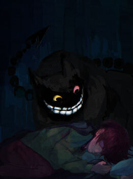 1other brown_hair dark_background deltarune evil_smile friend_(deltarune) full_body green_sweater highres kris_(deltarune) nebbeli nervous_sweating pillow pink_eyes smile straight-on sweat sweater utdr_(toby_fox) yellow_eyes