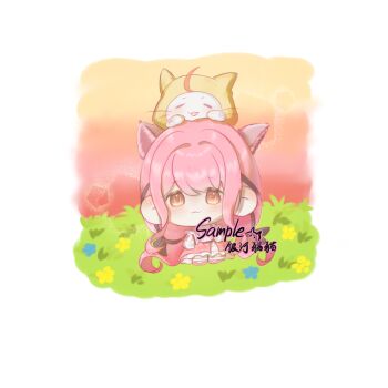 1girl :3 animal animal_ears animal_on_head artist_name belt black_belt black_bow black_ribbon blue_flower border bow bra_strap brown_eyes cat cat_ears chibi chinese_commentary closed_mouth clothed_animal commentary_request commission extra_ears field flower flower_field frilled_shirt frilled_skirt frilled_sleeves frills gradient_sky hair_between_eyes hair_bow hair_intakes hair_ribbon hair_spread_out happy highres infinity_nikki kemonomimi_mode layered_skirt light_blush long_hair long_sidelocks long_skirt long_sleeves low_twintails momo_(nikki) nikki_(nikki) nikki_(series) off-shoulder_shirt off_shoulder on_grass on_head orange_sky outdoors perfect_start_(infinity_nikki) pink_hair pink_shoes pink_skirt puffy_long_sleeves puffy_sleeves ribbon sample_watermark shirt shoes sidelocks sitting skirt sky sleeves_past_wrists smile socks sunset tareme tress_ribbon twintails very_long_hair watermark wavy_hair white_border white_cat white_shirt white_skirt white_socks yellow_flower yinhe_maomao