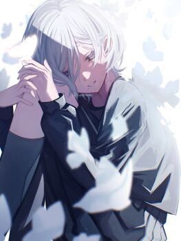 Rule 34 | 1girl, black shirt, blue eyes, blurry, blurry background, blurry foreground, bug, butterfly, commentary, depth of field, feet out of frame, fingernails, from side, grey hair, grey skirt, grey socks, hair over one eye, hands on own knee, hands up, head rest, high-waist skirt, highres, hinomori shizuku, ichigo ichie na hyakki yagyou!? (project sekai), insect, knee up, kneehighs, long fingernails, long sleeves, looking at viewer, mole, mole under mouth, official alternate costume, official alternate hair length, official alternate hairstyle, parted lips, pleated skirt, project sekai, school uniform, serafuku, shirt, short hair, sidelighting, sidelocks, sitting, skirt, smile, socks, solo, symbol-only commentary, teacrown, turning head, twitter username, white background